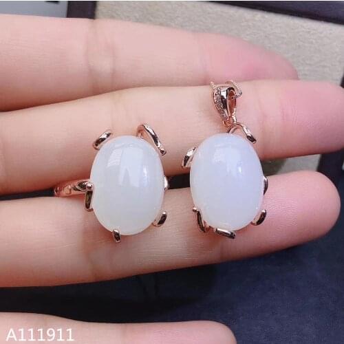 KJJEAXCMY fine jewelry 925 sterling silver inlaid Natural White jade pendant ring exquisite ladies suit support detection trendy