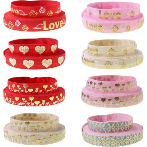5/8" heart printed FOE Valentines Day fold over elastic ribbon for headband headwear hairband accessaries 10yards/lot