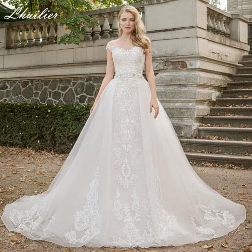 Lhuilier 2 In 1 Mermaid Lace Appliques Wedding Dress Floor Length Scoop Neck Tulle Bridal Gowns with Detachable Train