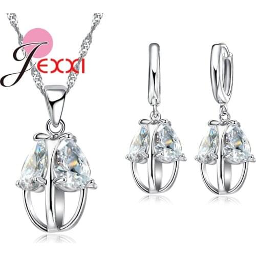 Lucky Shiny Wedding Holiday Gift 925 Sterling Silver Jewelry Fashion Oval Shape Crystal Necklace Earrings Sets For Women