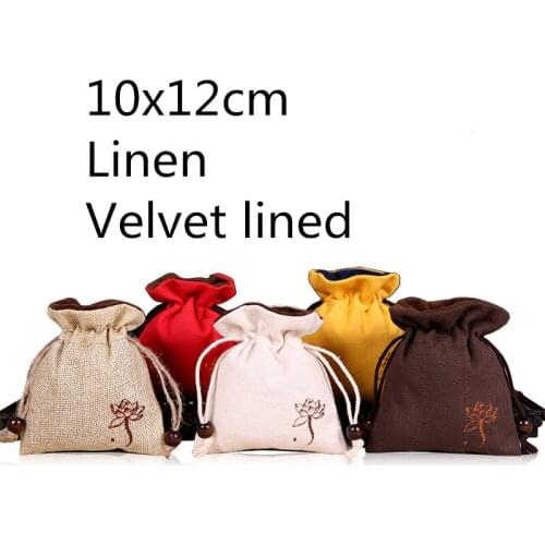 Small Lotus Linen Velvet Jewellery Pouch Thicken Portable Jewelry Travel Bag Drawstring Beads Bracelet Cloth Packaging Bag 3pcs