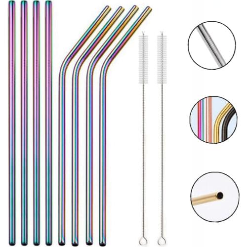 Rainbow Color Reusable Metal Straws Set with Cleaner Brush 304 Stainless Steel Drinking Straw Milk Drinkware Bar Party Accessory