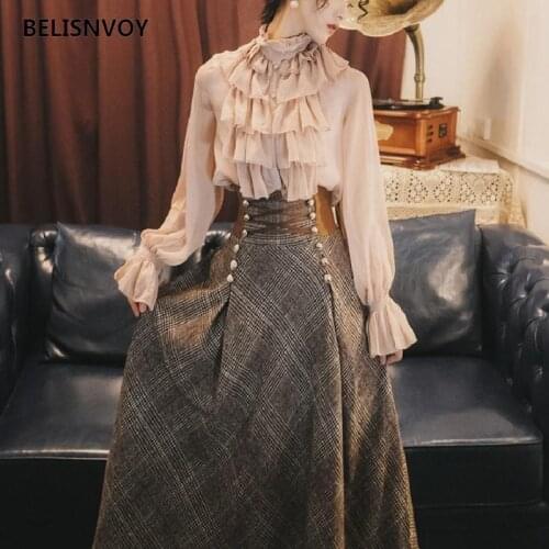 2021 New Autumn Winter Long Sleeve Blouse Top And Woolen Plaid Skirt And Top Set Suit Women Two Piece Outfits Sweater Skirt