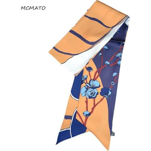 New Design 160cm*13cm Long Small Woman Twill Silk Scarf Plum Blossom Floral Print Scarf Women Head Handkerchief Luxury Brand Tie
