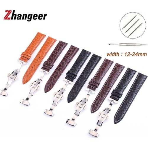 12mm 13mm 14mm 15mm 16mm 17mm 18mm 19mm 20mm 21mm 22mm 24mm Genuine Leather Crocodile Watchbands Butterfly Buckle Strap Bracelet