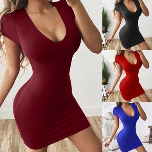 Sexy Skin Tight Mini Dress Stretch Low Cut Women Bodycon Dress Sukienka Scoop Neck Hipster Skinny Dress Night Club Short Sleeve