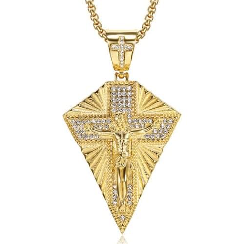 Hip Hop Iced Out Jesus Cross Pendant Necklace Gold Color Stainless Steel Crucifix Chain For Men Anniversary Jewelry Dropshipping