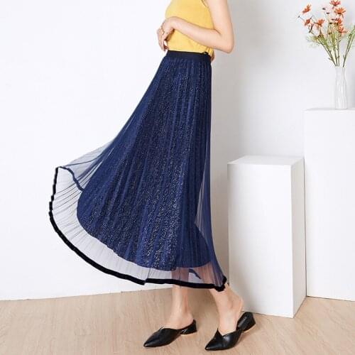 Korean Elegant Gold Velvet Skirt Women For Summer Autumn High Waist Pleated Long Blue Skirt Female