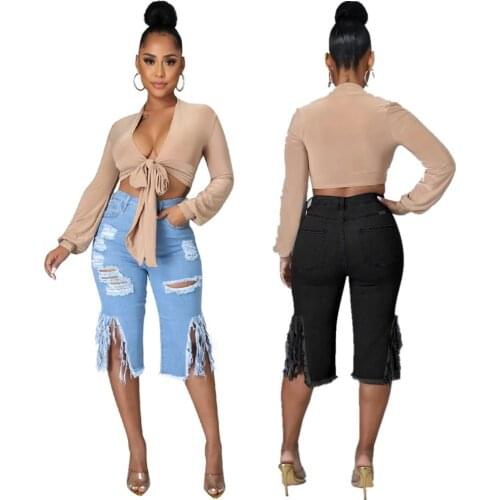 INS Hottest Women High Stretch Ripped Denim Shorts 2021 Summer Lady High Waist Solid Color Hollow Out Tassesl Knee-Length Jeans