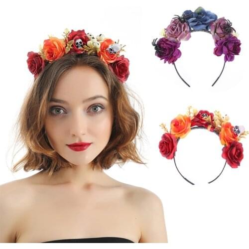 Women Bridal Halloween Wedding Headband Crown Contrast Color Faux Rose Flower Day of The Dead Hair Hoop with Black Lace Veil