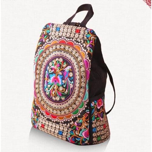 Women Handmade Flower Embroidered Travel Bags Schoolbag Backpacks Vintage Embroidery Ethnic Canvas Backpack Rucksack Mochila