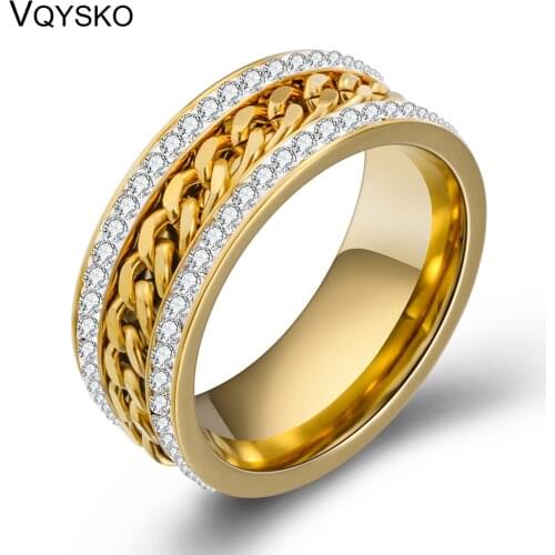 Fashion 2 Row Crystal Jewelry Ring With Chains Wholesale Gold Color Stainless Steel Chain Wedding Rings for women Accessories