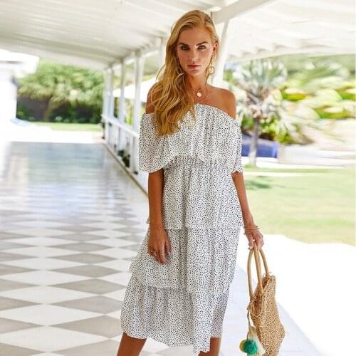 Deenor 2021 New Dot Print Dress Women Slash Neck Sexy Off The Shouler Dress for Women Fashion Cascading Ruffles Summer Dress