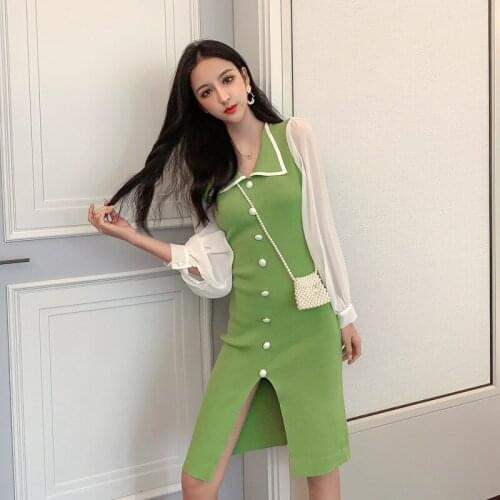 Womens temperament Chiffon splicing long sleeve V-neck knitted dress fall 2020 new fashion bubble sleeve dress