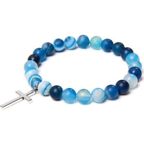 Natural Stone Agates Beads Charm Bracelet Men 8mm Chakra Beaded Cross Pendant Bracelet Jewelry Women Male Prayer Buddha Jewelry