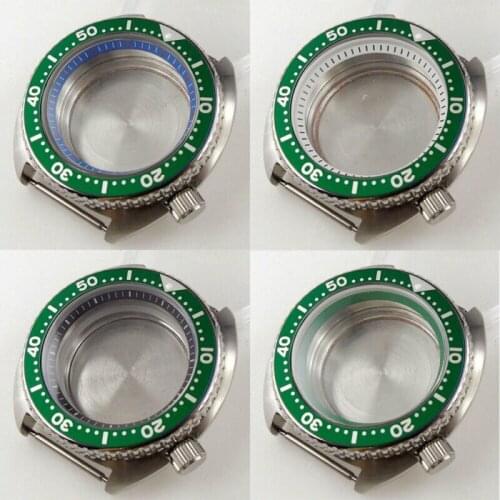 Steel 45mm Automatic Brushed Watch Case fit NH35A Alloy Green Insert Sapphire