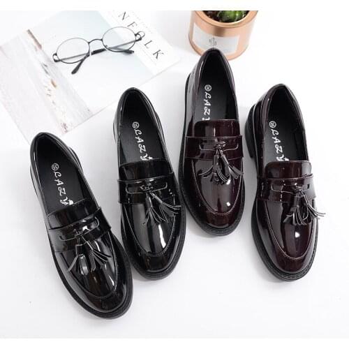 Black/red japanned leather flat derby shoes woman round toe double fringe brogue shoes tassel leather flats women espadrilles251