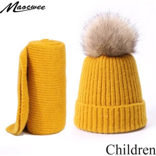 Tow-piece Set Baby Winter Faux Fur Pompon Hat And Scarf Knitting Warm Outdoor Thick Windproof Children Pure Color Hat Scarf Set