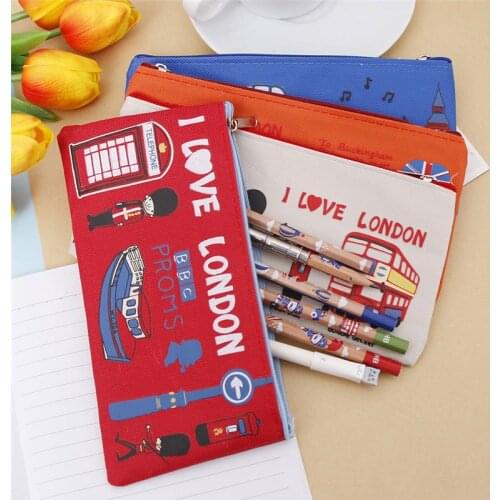 4 Colors London Style Pencil Case Zipper Canvas Pen Bag Cosmetic Makeup Bag School Supplies Student Stationery Storage Organizer