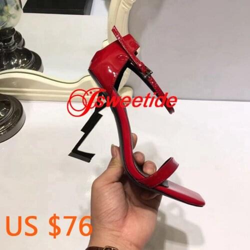 Quality Branded Patent Leather High Heel Sandals Summer Peep Toe Fashion Heels Shaped Shoes Woman Ankle Strap Party Dress Shoes
