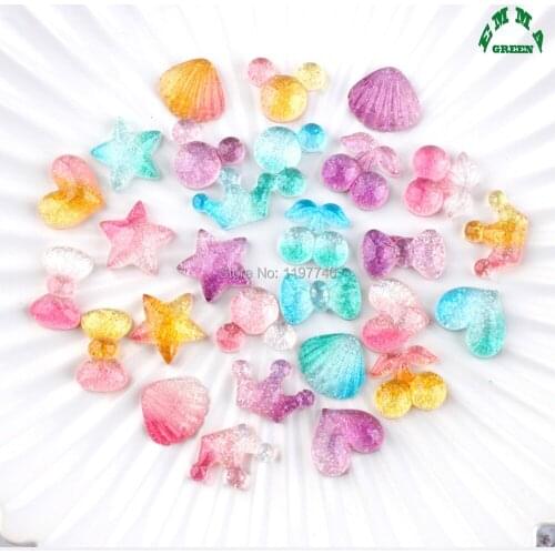 Kawaii Resin Flatback Cabochons Scrapbooking 10pc Glitter Colorful Shell Star Hearts Crown Charm Christmas Craft Home Decoration