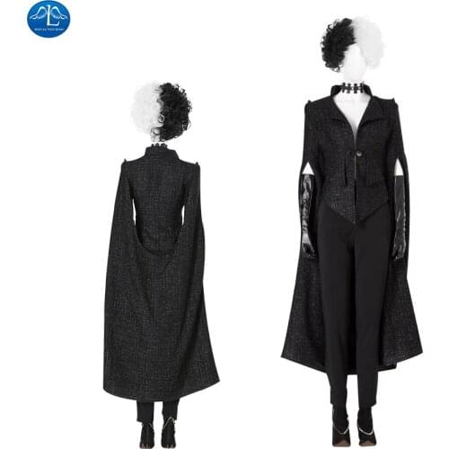 Cruella Cosplay Costume Adult Black Coat Uniform Long Flared Sleeves Women Dress Halloween Outfit Black Wig Full Set Custom Made