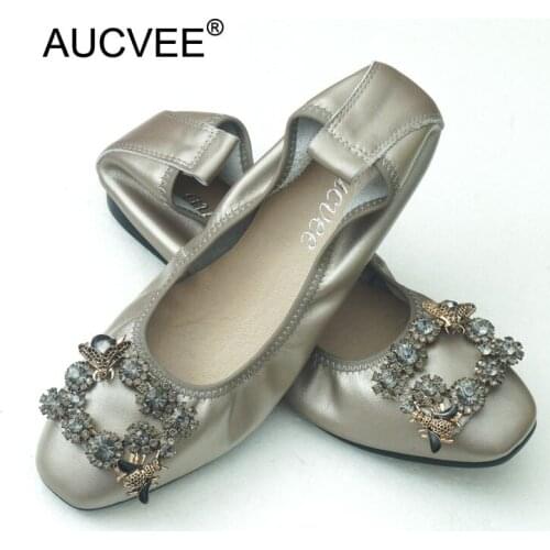 AUCVEE Fashion Brand Women Shoes Comfort Round Toe Genuine Leather Womens Flats Crystal Buckle Casual Shoes Ballet Flats Woman