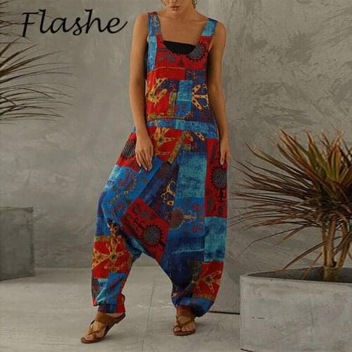 Fashion Women Summer Jumpsuit Sleeveless Vintage Print Loose Jumpsuits Wide Leg Ladies Playsuit Casual Jumpsuits Plus Size