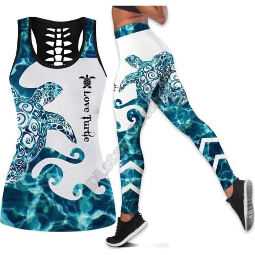 Sea turtle Polynesian 3D Printed Hollow Out Tank Legging Suit sexy Yoga Fitness Soft Legging Summer Women For Girl 47