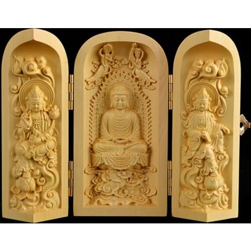 Niches Western Sansheng Guanyin Huangyang Wood Carved Solid Wood Decoration Buddha Statue Carried with Fulushou Sankai Buddha Ni