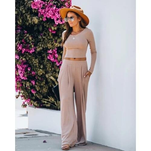 New Womens Long-sleeved Trousers Suit Fashion Solid Color Exposed Navel Top and Loose Elastic Wide-leg Summer Breathable Pants