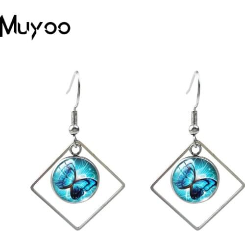New Arrival Beautiful Purple Blue Butterfly Art Print Rhombus Stainless Steel Dangle Earrings Handmade Fish Hook Earrings