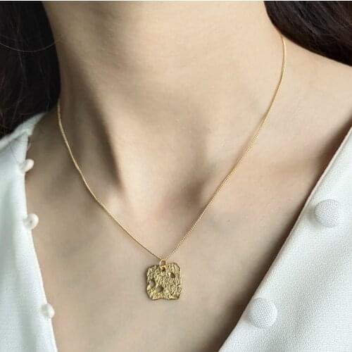 Nature Inspired Hollowed Irregular Square Rock Pendant Geometric Jewelry Gold Color Curb Chain Necklace in 925 Sterling Silver