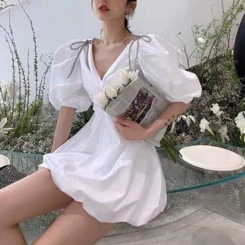 DUISNENA boho dress bowknot v-neck white women dresses court style puff sleeve fairy skirt vintage vestidos