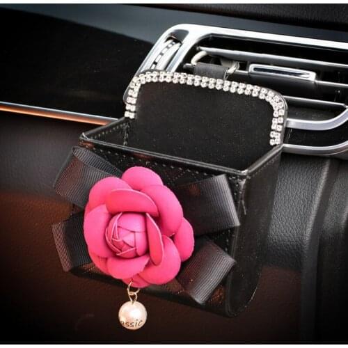 Camellia Flower Crystal Car Outlet Air Vent Trash Box Auto Mobile Phone Holder Bag Pouch Organizer Hanging Box Car Accessorie