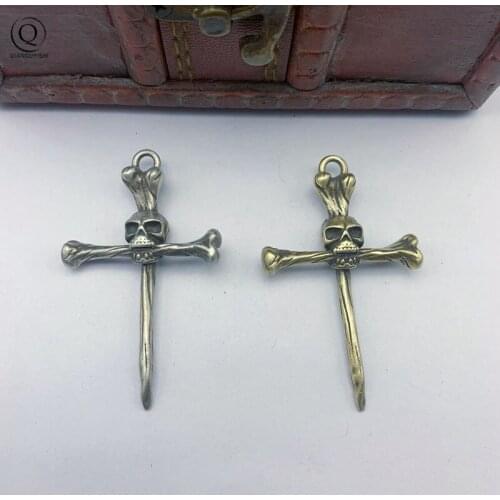 Retro Brass Bones Cross Skull Head Prayer Pendant for Keychain Jewelry Fashion Rock Punk Men Car Keyring DIY Hanging Accessories