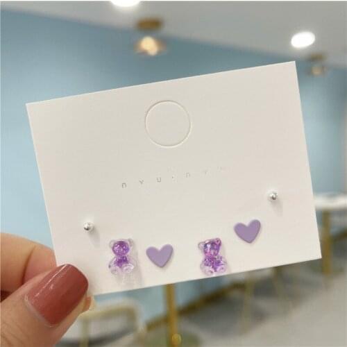 3 Pairs/set New Fashion Cute Colorful Resin Stud Earring Set Purple Heart Bear Studs Earrings Retro Girls Children Jewelry Gift