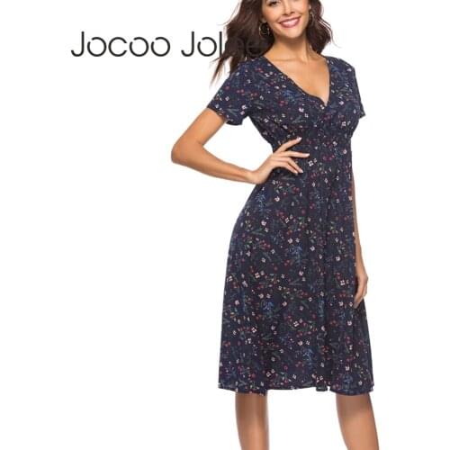 Jocoo Jolee Chiffon Dress Women Summer Boho Short Sleeve V Neck Floral Print Midi Dress Elegant Elastic Waist Beach Party Dress