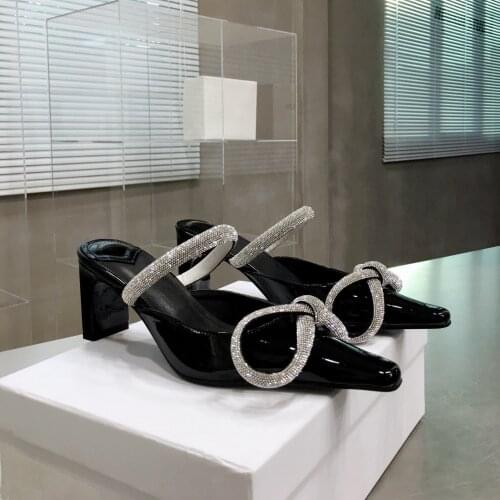 Lady Fashion Women Shoes Black Genuine Leather Crystal SQUARE Toe Stiletto Stripper High Heels Zapatos Mujer Prom Evening Pumps