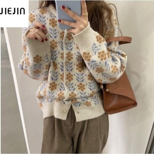 Vintage Korea Floral Knit Cardigan Sweater for Women Winter Loose Coat Casual Button Thick Flower Knitted Cardigan Retro Sweater