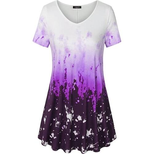 Summer Long T Shirt Women Printing T-shirt Short Sleeve V-Neck Draped Hem Women Tops Tees Emale Tshirt