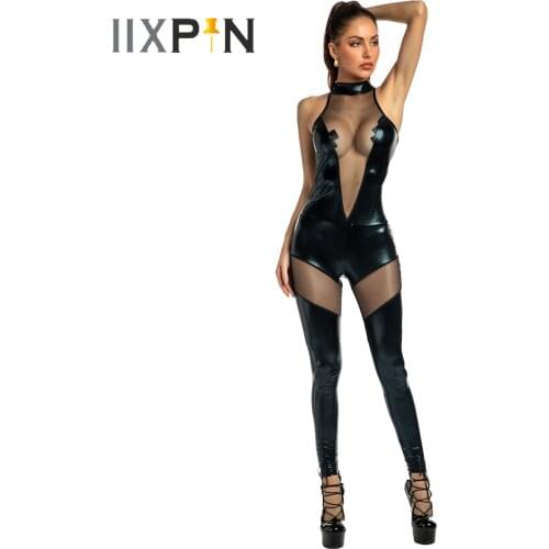 Womens Latex Patent Leather Catsuit Halter See-through Mesh Patchwork Sleeveless Bodycon Bodysuit For Nightclub Stage Show Party