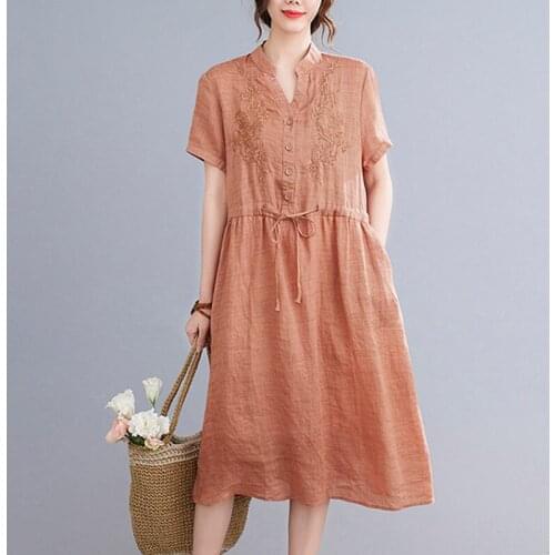 Korea Style Fashion Women Blouse Shirts Dress 2021 New Arrival Cotton Linen Loose Summer Dress Embroidery Travel Casual Dress