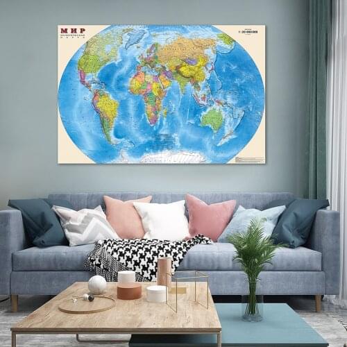 130*90cm The World Political Map In Russian with Details Non-woven Canvas Painting Wall Art Poster Home Decor School Supplies