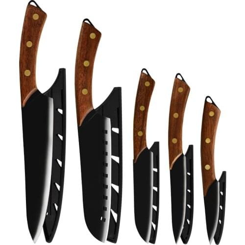 5PCS Kitchen Stainless Steel Chef Knives Set Utility Paring Knife Brown Black Wood Handle With Knife Cover Sheath