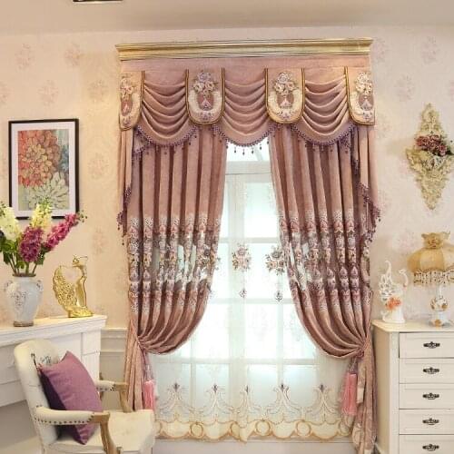 European-style Velvet Embroidery Flowers Semi-shade Curtains for Living Dining Room Bedroom
