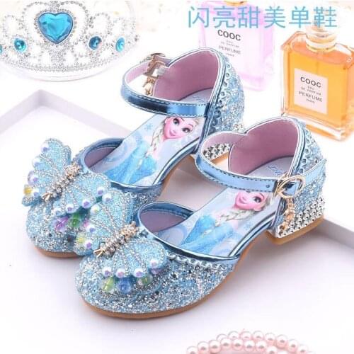 Disney Frozen Girls Sandals Rhinestone Bowknot Children High Heels Elsa Princess Shoes Frozen Party Dress Crystal Shoes