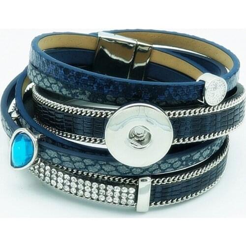 Fashion Multi-layer Leather Serpentine pattern crystal snap bracelets 60cm fit 18mm snap buttons wholesale SE0123
