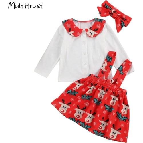 3Pcs Children Christmas Outfits Lapel Long Sleeves Top + Cartoon Printed Suspenders Skirt + Hairband Suit 1-6 Years