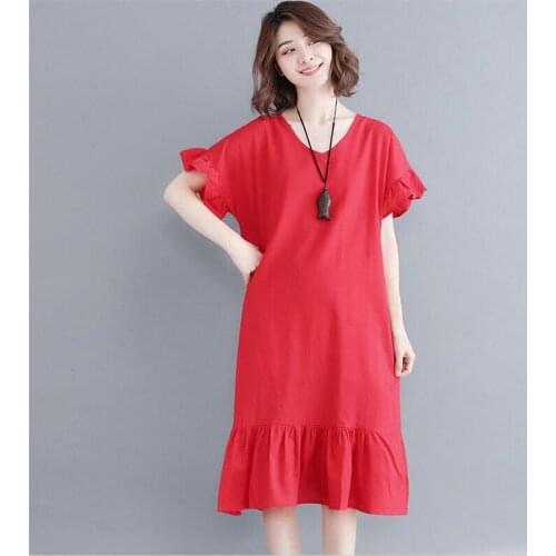 Cotton Linen Sweet Loose Straight Dresses Vestidos New 2020 Casual V-neck Butterfly Sleeves Elegant Dress Women Plus Size M-7XL
